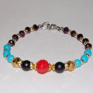 Multicolor Bracelet,Carved Charm,Stone and Glass Beads,Clasp Closure Bracelet